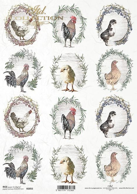 kury i koguty z wieńcami na tle desek*hens and roosters with wreaths on a background of boards*Hühner und Hähne mit Kränzen auf einem Hintergrund aus Brettern*gallinas y gallos con coronas sobre un fondo de tablas
