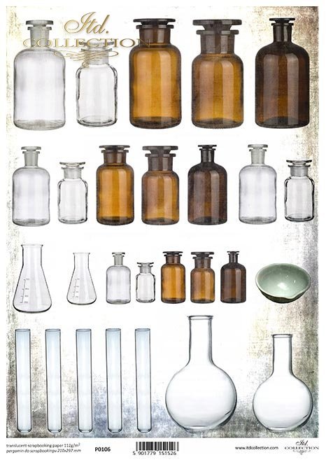 szklane buteleczki, próbówki, kolby stożkowe*glass bottles, test tubes, conical flasks*Glasflaschen, Reagenzgläser, Erlenmeyerkolben*botellas de vidrio, tubos de ensayo, matraces cónicos