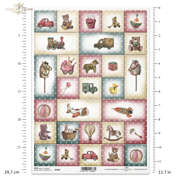 Kalendarz adwentowy, retro, zabawki, miś, misio, misie, grzechotka, wózek, konik, piłka, przytulanki, prezenty, podarunki, kropki, kropeczki, Vintage Advent Calendar, retro, toys, teddy bear, rattle, pram, horse, ball, cuddly toys, gifts, dots
