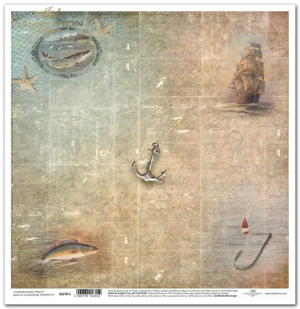 ryba, latarnia, żaglówka, motywy morskie, stara gazeta*fish, lighthouse, sailboat, marine motifs, old newspaper*Fisch, Leuchtturm, Segelboot, Meeresmotive, alte Zeitung