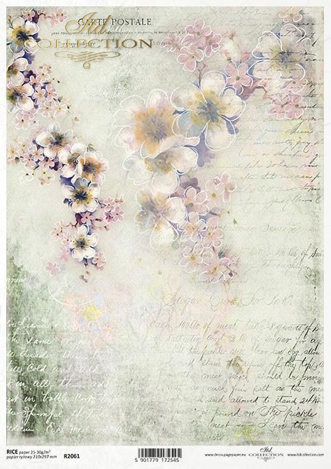 Seria Flower Post - White, Kwiatowa Poczta w bieli, kwiaty owocowe, pismo, napisy, listy, kolaż*Series Flower Post - White, Flower Post in White, fruit flowers, writing, inscriptions, letters, collage