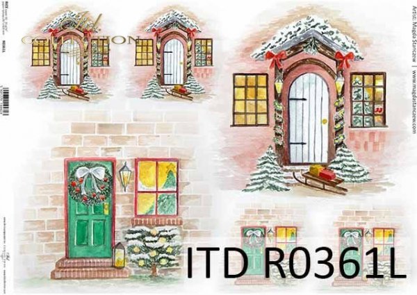 stylowe drewniane drzwi, okna z dekoracjami świątecznymi*stylish wooden doors, windows with holiday decorations