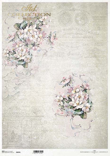 Seria Flower Post - White, Kwiatowa Poczta w bieli, kwiaty owocowe*Series Flower Post - White, Flower Post in white, fruit flowers, inscriptions, collage, notes