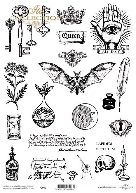 Pergamin do scrapbookingu, klucz, klucze, nietoperz, czaszka, czary, korona, dekory, alchemia, klepsydra, księżyc, kałamarz, symbole, okultyzm