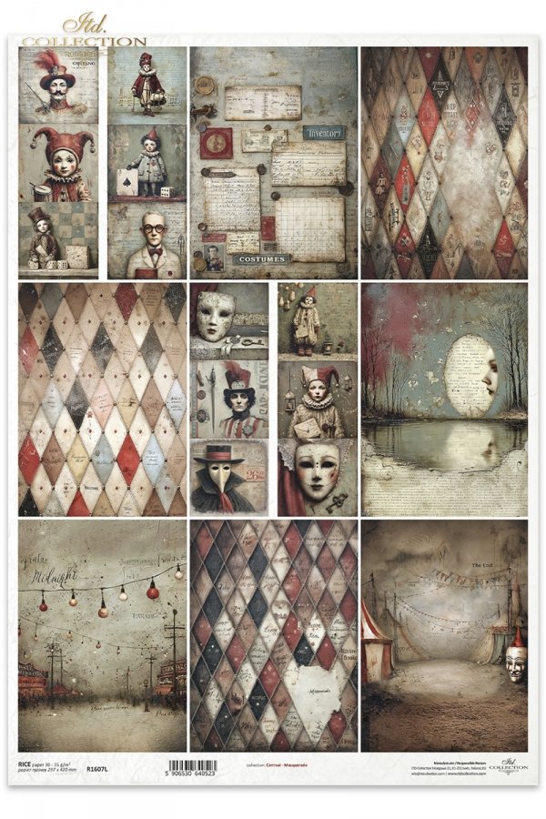Carnival - Masquerade * Karnawał - Masquerade - karnawał, maskarada, maski, arlekin, commedia dell’arte, cyrk, teatr, vintage, retro, melancholia, tajemnica, noc, papier postarzany, faktury, kolaż, postacie teatralne, Arlekin, Kolombina, Pulcinella (Pulci