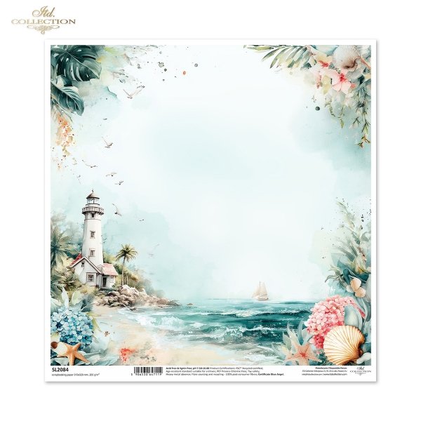 latarnia morska, morze, plaża, ocean, żaglówka, mewy, wybrzeże, muszle, rozgwiazdy, kwiaty, hibiskus, hortensja, liście tropikalne, palmy, tło, ramka botaniczna, egzotyczny, akwarela