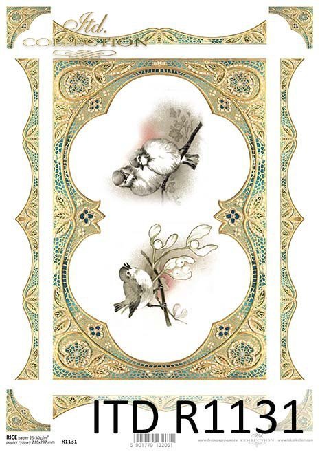 papier decoupage ptaki, złota ramka, dekory*Paper decoupage birds, gold frame, decors
