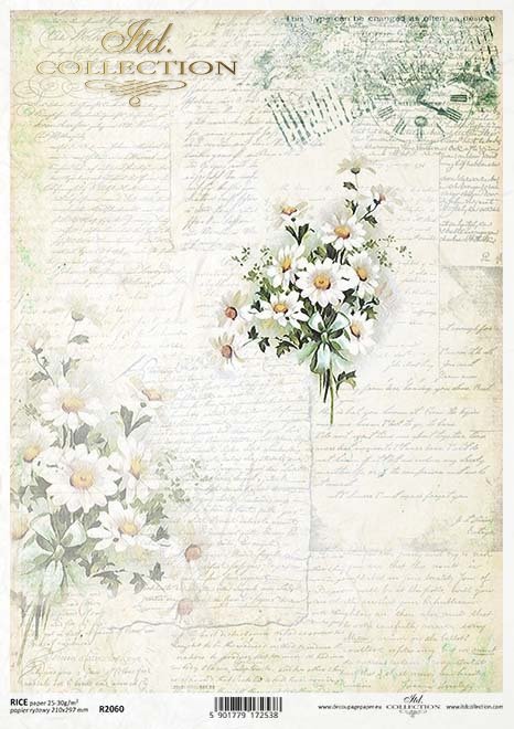 Seria Flower Post - White, Kwiatowa Poczta w bieli, rumianek, bukiet kwiatów, pismo, napisy, listy