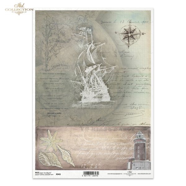 motywy marynistyczne, podróż, żaglowiec, statek, okręt, latarnia morska, róża wiatrów, muszla, rozgwiazda, list, R943, maritime theme, voyage, sailing ship, ship, lighthouse, wind rose, shell, starfish, letter, maritimes Thema, Reise, Segelschiff, Schiff,