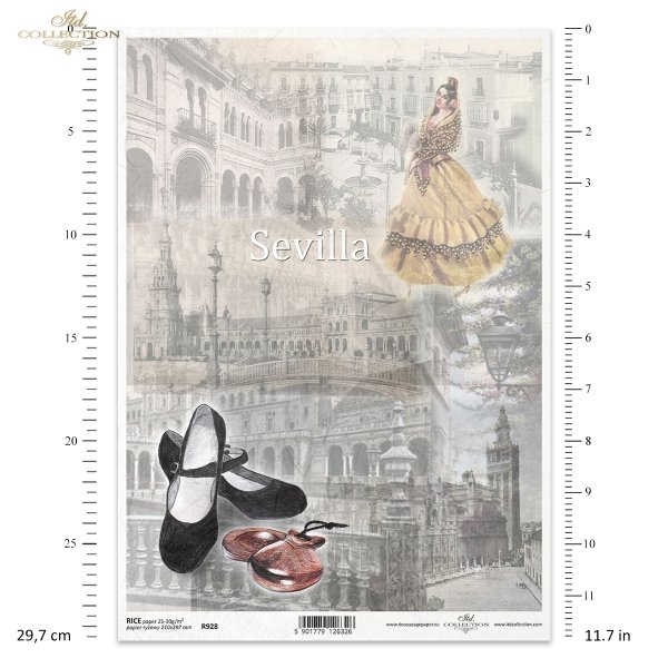 Sevilla, kobieta, kobiety, moda, suknia, kastaniety, but, architektura miast, zabytek, zabytki, retro, Hiszpania, autorka grafiki Magda Stanczew, R928, woman, women, fashion, dress, castanets, shoe, city architecture, monument, Spain, Frau, Frauen, Mode, 
