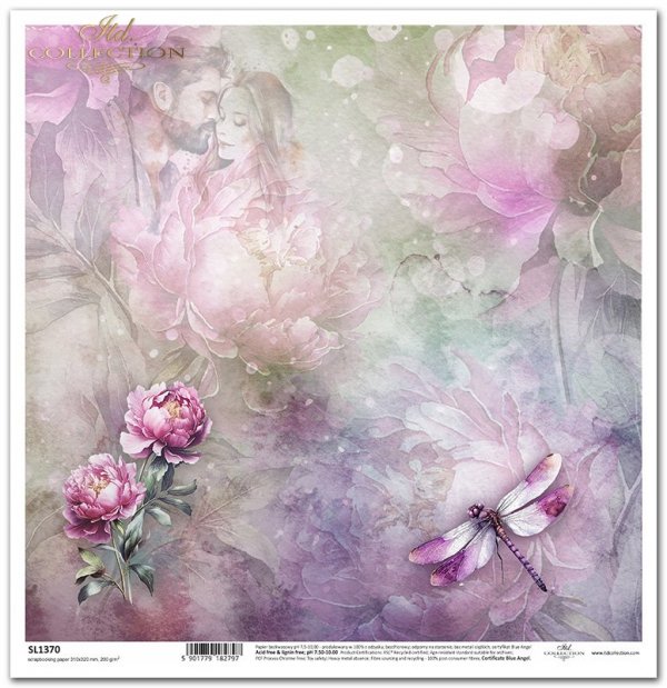 Summer Love Story - akwarelowe tło, kwiaty, owady, peonia, zakochana para, ważka*watercolour background, flowers, insects, peony, couple in love, dragonfly*Aquarell Hintergrund, Blumen, Insekten, Pfingstrose, verliebtes Paar, Libelle