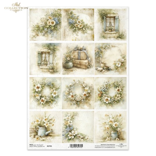 kwiaty, wiosna, narcyzy, margerytki, styl rustykalny, vintage, akwarela, wianki, okna, bukiety, pastelowe kolory, natura, sielski klimat*flowers, spring, daffodils, daisies, rustic style, watercolor, wreaths, windows, bouquets, pastel colors, nature, idyl