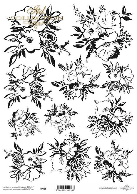 Pergamin do scrapbookingu*czarne grafiki, kwiaty, kwiatki, bukiety do kolorowania