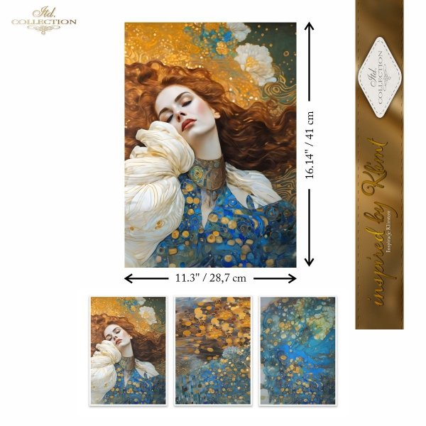 Papier decoupage morwowy FPA3002, Seria Inspired by Klimt, kobiety, zloto, dekoracyjne wzory, kamienie szlachetne, mozaiki, motywy secesyjne * Mulberry decoupage paper FPA3005, women, gold, decorative patterns, gemstones, mosaics, Art Nouveau motifs 