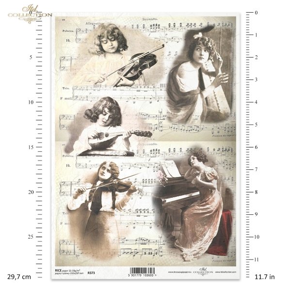 retro, vintage, muzyka, nuty, muzykantki, kobiety, instrumenty muzyczne, harfa, pianino, skrzypce, mandolina, skrzypaczka, gra na instrumencie, R373