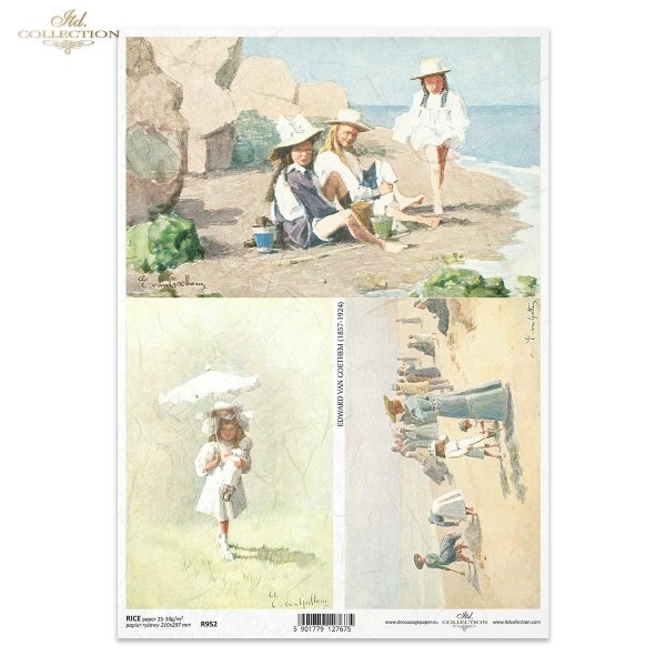motywy marynistyczne, strój marynarski, lato, wakacje, dziecko, dzieci, kobieta, kobiety, strój marynarski, morze, plaża, zabawa na plaży, retro, Edward van Goethem, R952, maritime motifs, sailor's outfit, summer, holiday, child, woman, women, sailor's 