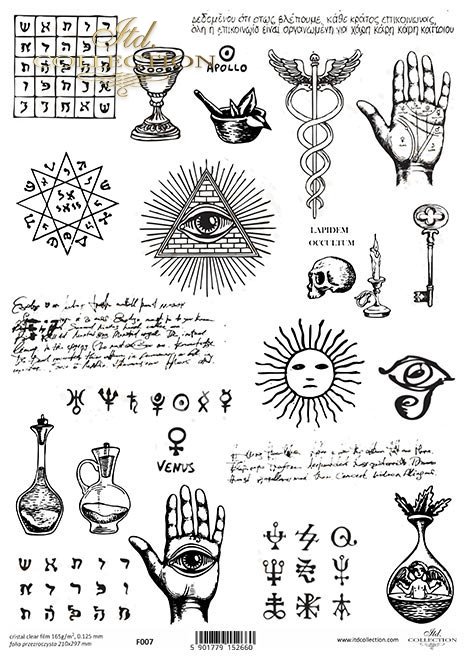 Folia przezroczysta do scrapbookingu, mixmedia... ręka, dłoń, linia życja, czaszka, oko, pismo, wróżba, chiromancja, linie papilarne, oko opatrzności, symbole, okultyzm