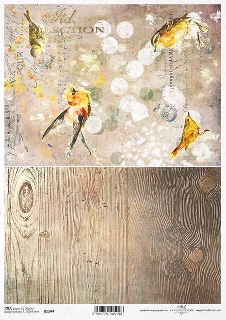 Pájaros en decoupage de papel, estructura de tablones, vintage, collage*Papier Decoupage Vögel, Plankenstruktur, Vintage, Collage*Декупаж из бумаги птички, структура доски, винтаж, коллаж