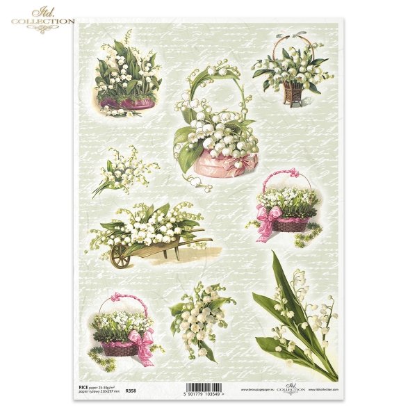 flower, flowers, lily of the valley, bouquet, bouquets, wheelbarrow, wheelbarrows, flower basket, baskets, R358