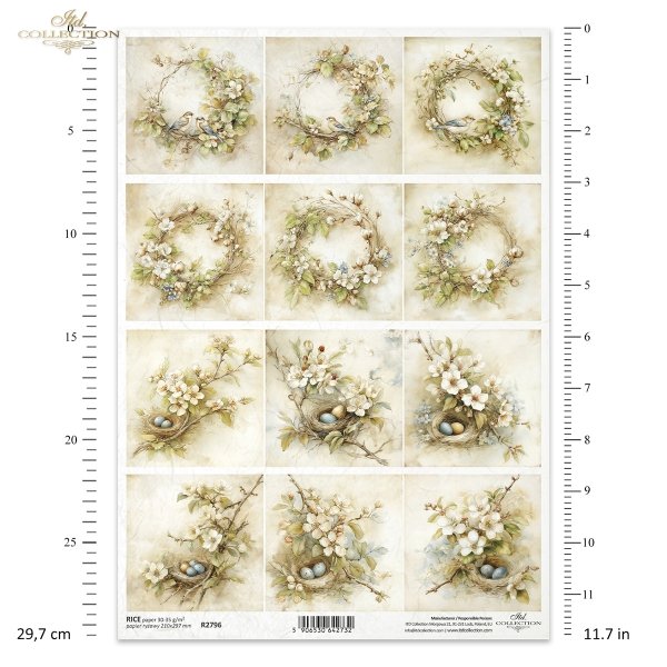 wianki, ptaki, gniazda, jajka, kwiaty jabłoni, styl vintage, pastelowe kolory, motywy wiosenne, akwarela