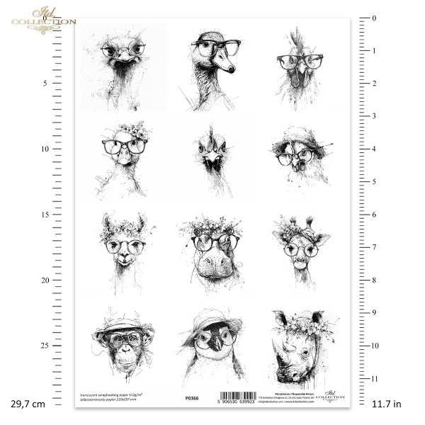 zwierzęta, okulary, kapelusze, wianki, czarno-białe, szkic, tusz, hipster, ilustracja, plakat, nowoczesny, grafika, portret, struś, kaczka, kogut, kura, sowa, alpaka, hipopotam, żyrafa, małpa, pingwin, nosorożec*animals, glasses, hats, wreaths, black and 
