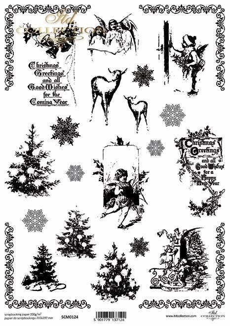 Papel scrapbooking vintage, árbol de navidad, cupidos, navidad*Scrapbooking Papier der Weinlese, Weihnachtsbaum, Amoren, Weihnachten*Винтажная бумага для скрапбукинга, новогодняя елка, амуры, рождество