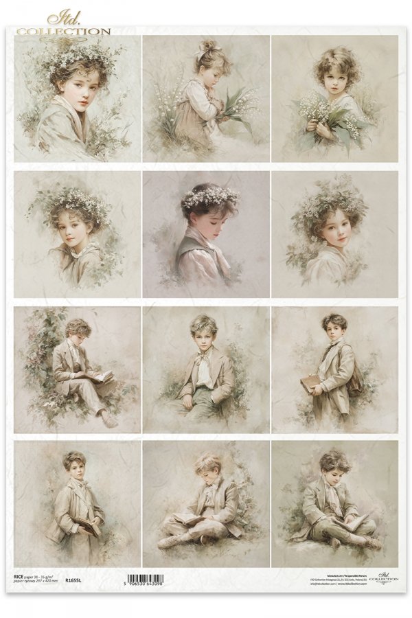 portrety, chłopcy, styl vintage, sepia, czytanie książek, klasyczne stroje, estetyka retro, akwarela, dziewczynka, kwiaty, konwalie, wianek, delikatność, pastelowe barwy