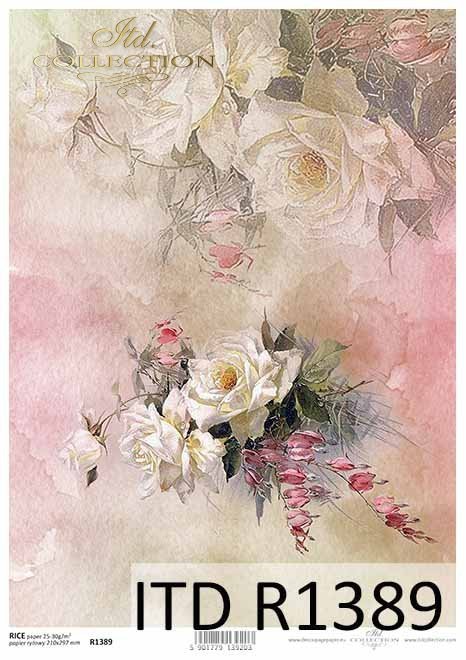 papier decoupage kwiaty, róże, niezapominajki*decoupage paper flowers, roses, forget-me-nots