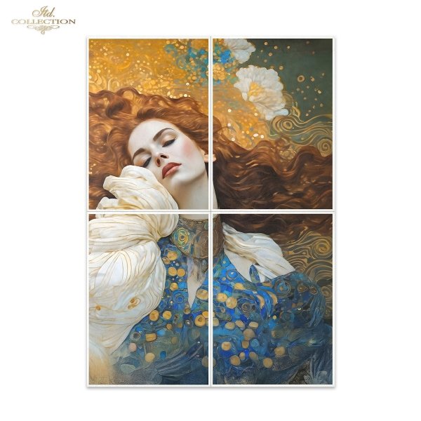 Papier decoupage morwowy FPA1011, Seria Inspired by Klimt, kobiety, zloto, dekoracyjne wzory, kamienie szlachetne, mozaiki, motywy secesyjne * Mulberry decoupage paper FPA1012, women, gold, decorative patterns, gemstones, mosaics, Art Nouveau motifs