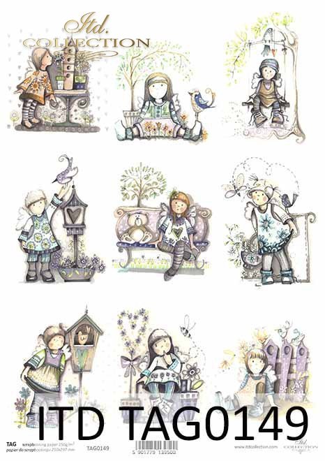 Tagi do scrapbookingu, wesołe aniołki, ptaszki, kwiaty, motylki*Tags for scrapbooking, merry angels, birds, flowers, butterflies