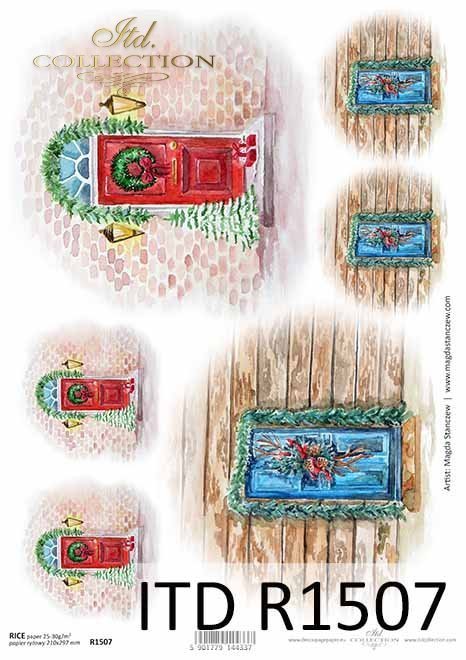 stylowe drewniane drzwi, okna z dekoracjami świątecznymi*stylish wooden doors, windows with holiday decorations