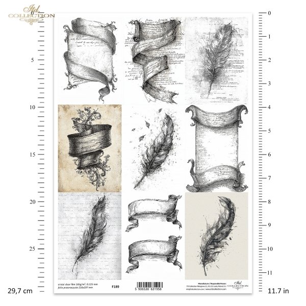 Grafiki, pióra, wstęgi, zwoje, szkice, styl vintage. * Graphics, feathers, ribbons, scrolls, sketches, vintage style.