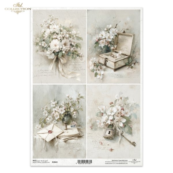 kwiaty jabłoni, vintage, akwarele, kłódka, biżuteria, listy, bukiet, pastelowe barwy, romantyczny styl.