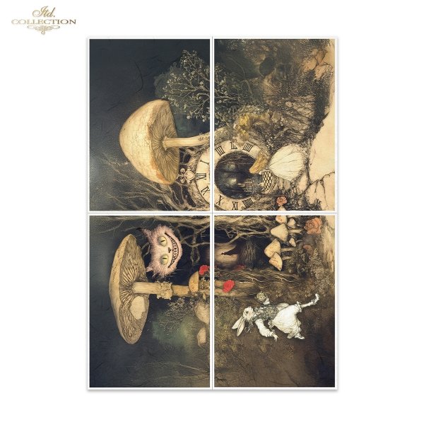 Papier morwowy decoupage FPA1065 seria Czary Alicji - mroczny las, grzyby, muchomory, świetliki, baśniowe kompozycje* Mulberry decoupage paper FPA1065 Alice's Magic series - dark forest, mushrooms, toadstools, fireflies, fairy-tale compositions* Papel de