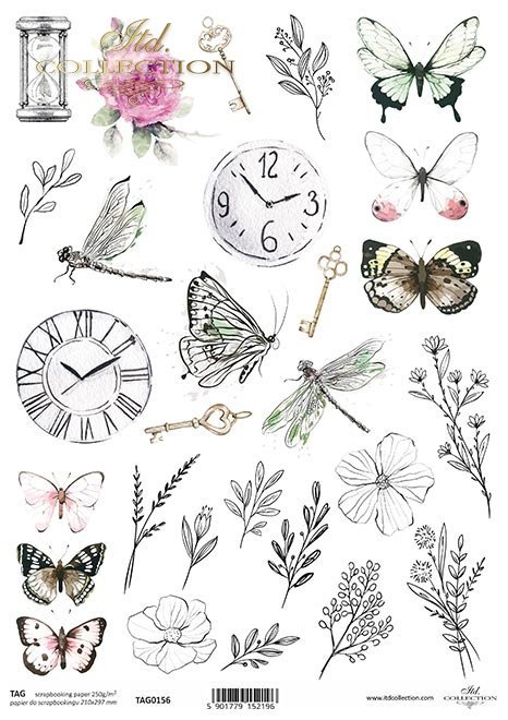 rośliny, motyle, ważki, zegar, gałązki, klucze, róże, klepsydra, drobne elementy, tagi