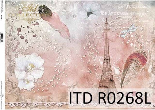 papier decoupage z koronką, piórka, Wieża Eiffla*Decoupage paper with lace, feathers, Eiffel Tower