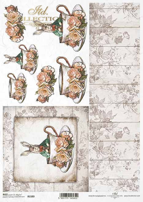Pascua, vendimia, liebre en un abrigo, copa, tablas, flores, rosas*Ostern, Vintage, Hase im Mantel, Tasse, Bretter, Blumen, Rosen*Пасха, винтаж, заяц в плаще, чашка, доски, цветы, розы