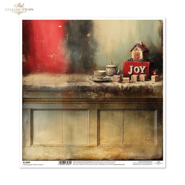 domek z napisem JOY, zabawki, filiżanka, klocki*a house with the word JOY on it, toys, a cup, building blocks