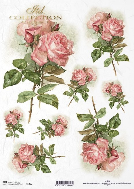 Papel Decoupage Arroz R1202 * Vintage, flores, rosas de color rosa