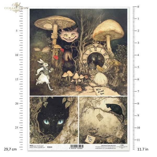 Biały Królik, mroczny las, baśniowe kompozycje, grzyby, kot, oczy kota, napisy*White Rabbit, dark forest, fairy tale compositions, mushrooms, cat, cat's eyes, lettering*Weißes Kaninchen, dunkler Wald, märchenhafte Kompositionen, Pilze, Katze, Katzenaugen
