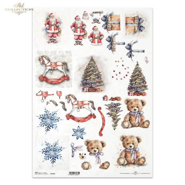 Święty Mikołaj, konik na biegunach, miś, śnieżynka, prezent, choinka, elementy do wycinania, 3d effect*Father Christmas, rocking horse, teddy bear, snowflake, gift, Christmas tree, cut-outs