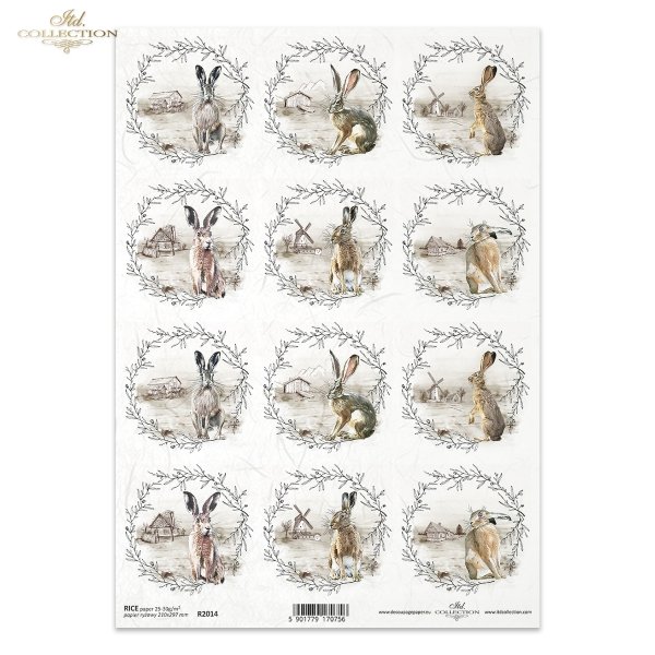 zając, zające, wieńce z widoczkami, wieś, chata, wiatrak, młyn, retro, R2014, hare, hares, wreaths with views, village, cottage, windmill, mill, retro, Hase, Hasen, Kränze mit Ansichten, Dorf, Landhaus, Windmühle, Mühle, Retro, liebre, liebres, coronas co
