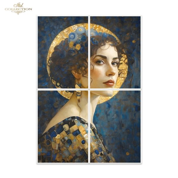 Papier decoupage morwowy FPA1005, Seria Inspired by Klimt, kobiety, zloto, dekoracyjne wzory, kamienie szlachetne, mozaiki, motywy secesyjne * Mulberry decoupage paper FPA1005, women, gold, decorative patterns, gemstones, mosaics, Art Nouveau motifs *Pape