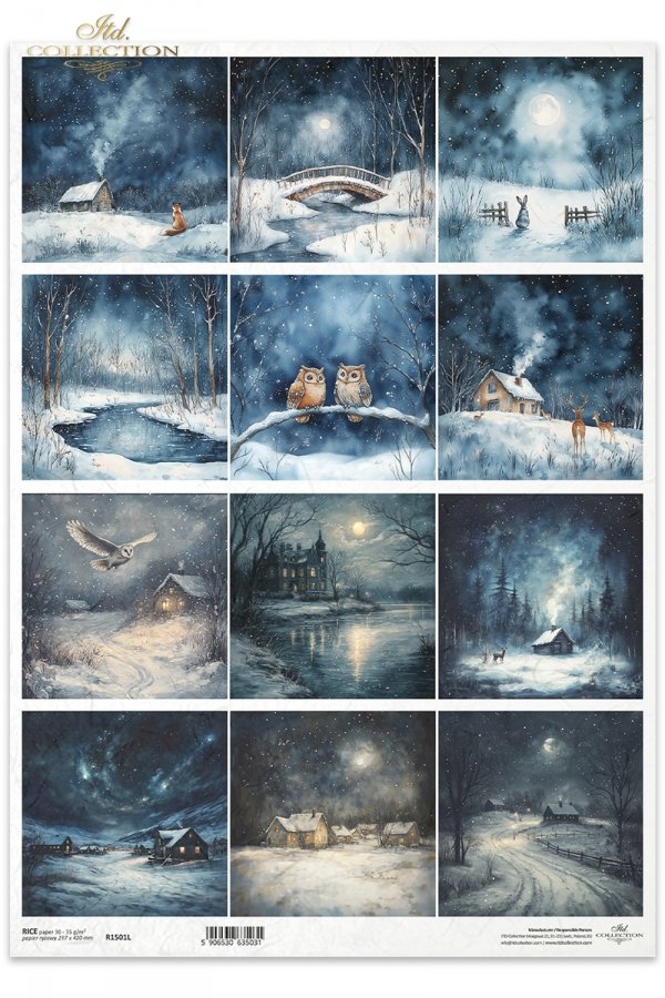 krajobraz nocą, widoczki, zimowa sceneria, sowa, lis, królik, domek, gwiazdy na niebie*landscape at night, views, winter scenery, owl, fox, rabbit, house, stars in the sky