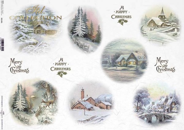 papier do decoupage: owale do bombek, domki, kościółki, zimowe widoczki, Vintage