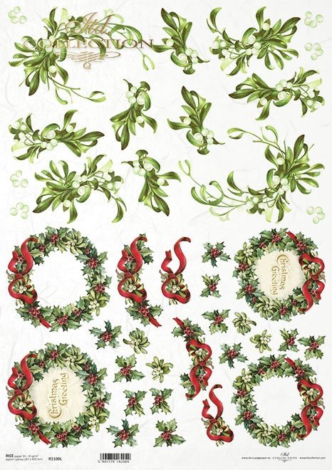 świąteczny wieniec, jemioły, kokardki, kwiaty 3D*Christmas wreath, mistletoe, bows, 3D flowers*Weihnachtskranz, Mistelzweig, Schleifen, 3D-Blumen*Corona de Navidad, muérdago, lazos, flores 3D