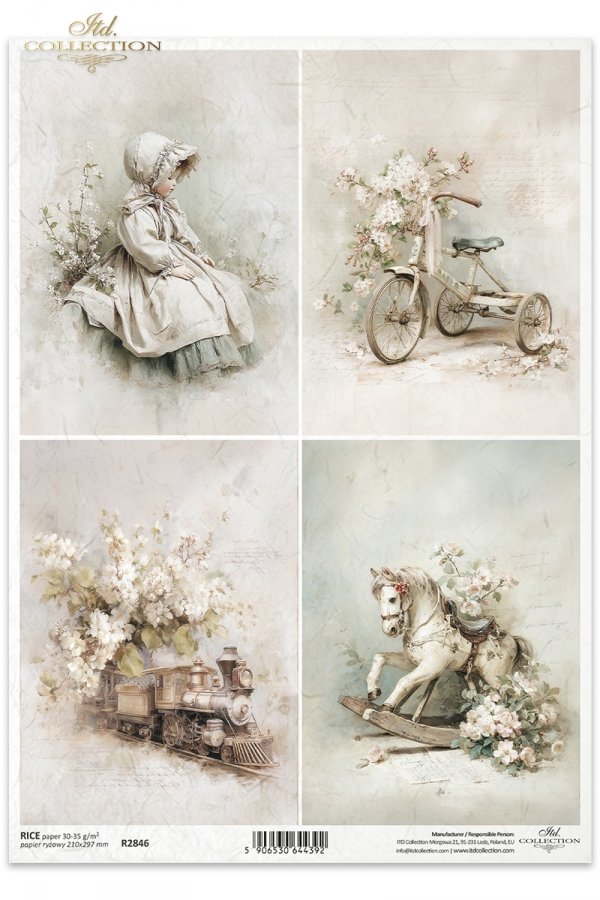 vintage, pastelowe, dziecięce, rowerek, lokomotywa, koń na biegunach, dziewczynka w czepku, kwiatowe, ilustracje, zabawki, sepia, akwarela