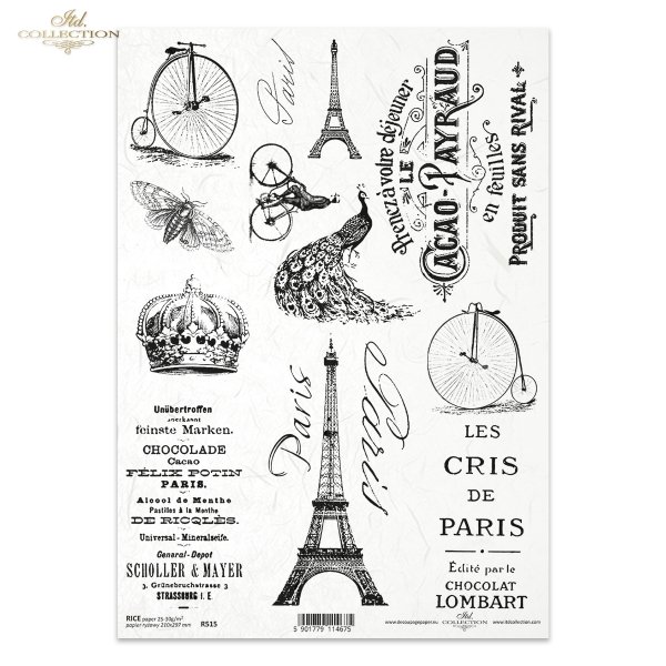 Retro, Vintage, czar dawnych przedmiotów, dawne napisy, ręczne pismo, Paris, wieża Eifla, bicykl, rower retro, paw, korona, R515, Retro, Vintage, charm of old objects, old inscriptions, handwriting, Paris, Eifel tower, bicycle, retro bicycle, peacock, cro