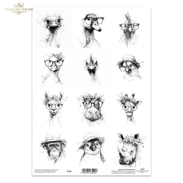 zwierzęta, okulary, kapelusze, wianki, czarno-białe, szkic, tusz, hipster, ilustracja, plakat, nowoczesny, grafika, portret, struś, kaczka, kogut, kura, sowa, alpaka, hipopotam, żyrafa, małpa, pingwin, nosorożec*animals, glasses, hats, wreaths, black and 