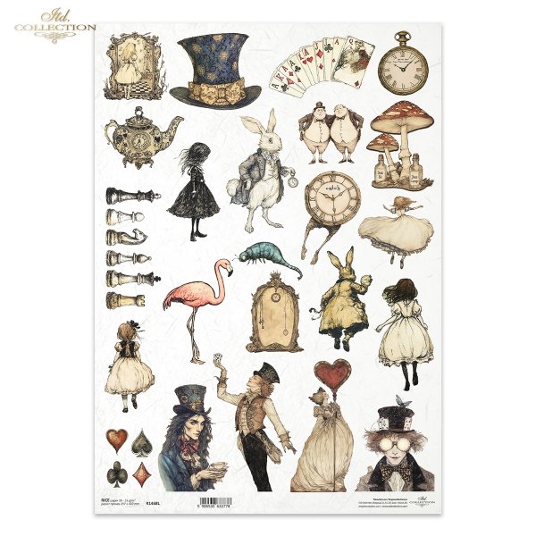 Baśniowe elementy, szachy, Alicja, dziewczynka, Kapelusznik, symbole kart, Biały Królik, kapelusz, karty, zegarek, filiżanka, flaming, gąsienica*Fairy tale elements, chess, Alice, girl, Hatter, card symbols, White Rabbit, hat, cards, watch, cup, flamingo,